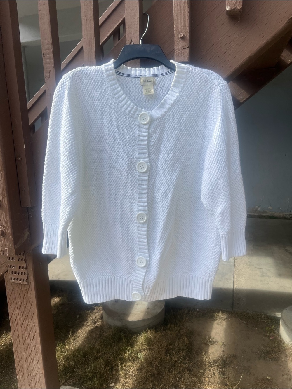 L.L. Bean White Button-Front Textured Knit Cardigan